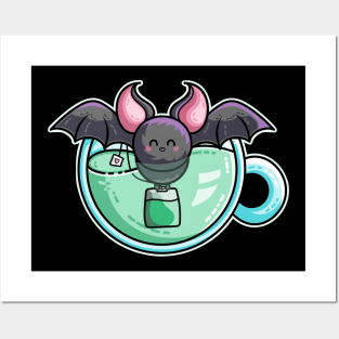 Bat-tea Pun of Kawaii Cute Bat and Green Tea Posters and Art